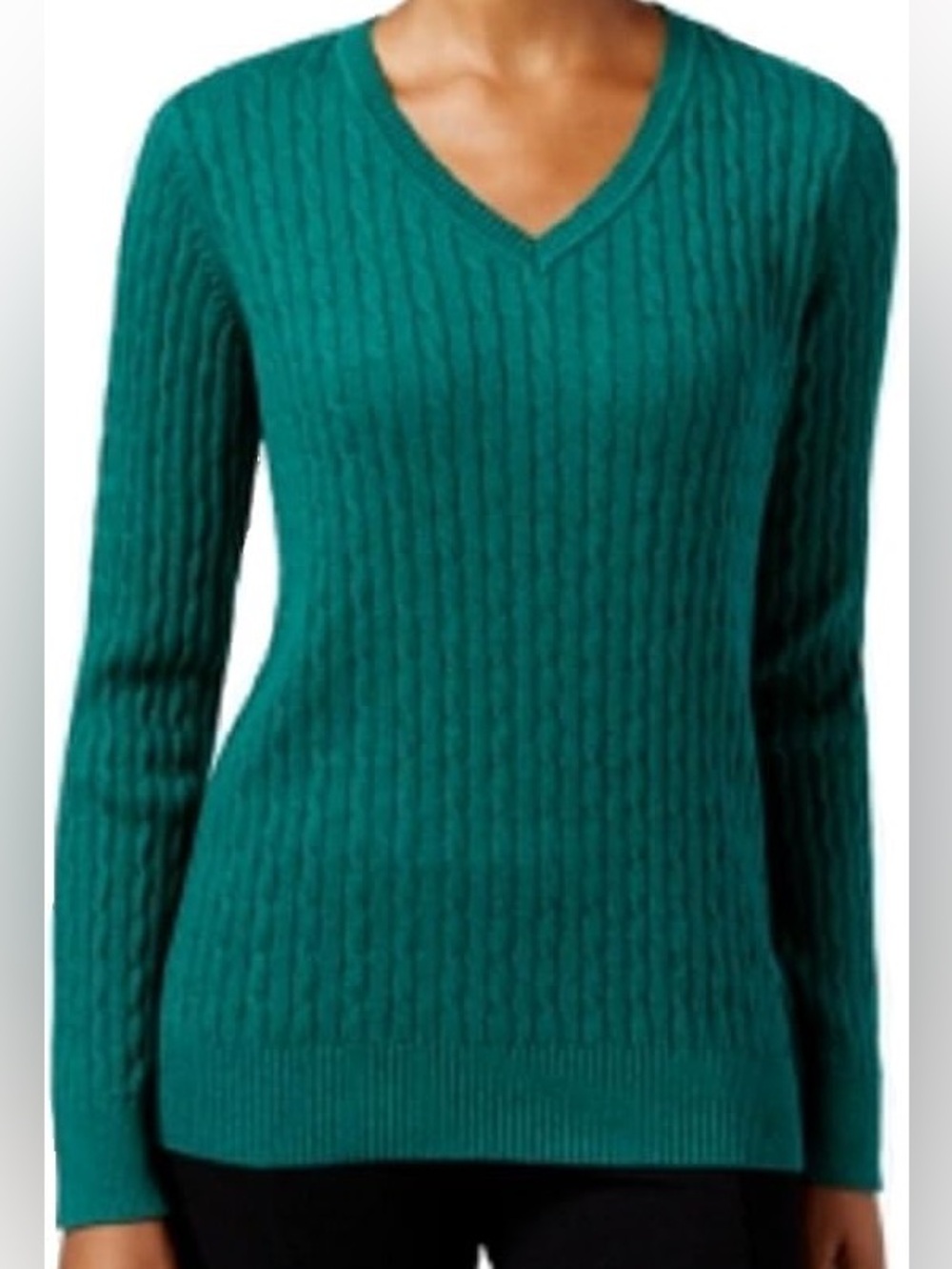 Karen Scott Teal-Green Cable Knit V-Neck Sweater 100% Cotton